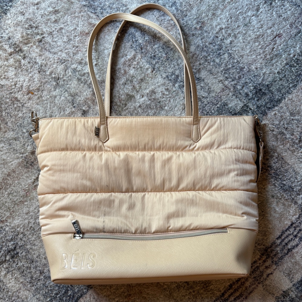 BEIS Cream Quilted Tote Bag with Faux Leather Handles